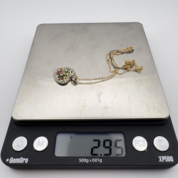 Sterling Silver 925 Gold Tone Heart Pendant Necklace Flower Stones 18in - Picture 9 of 10